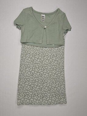 OshKosh B'gosh Girls 2pc Sage Green Floral Dress & Ribbed Cardigan Set Size 5